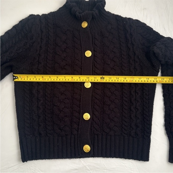 J Crew black cable knit ruffle neck gold button cardigan - Picture 2 of 3